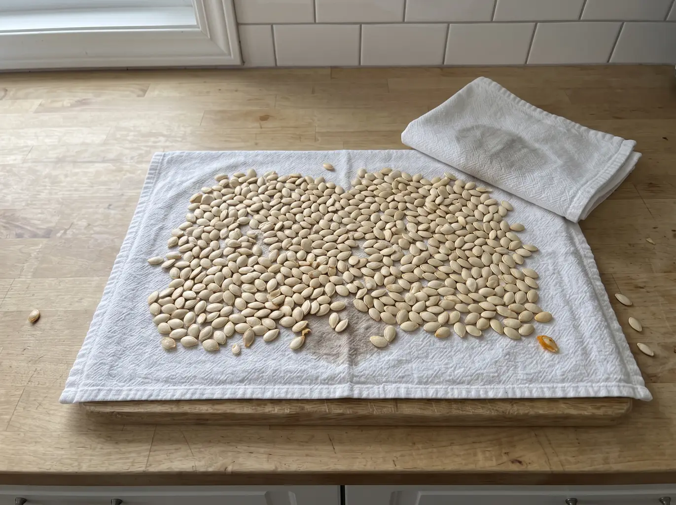 Pumpkin seeds drying in a single layer on a towel