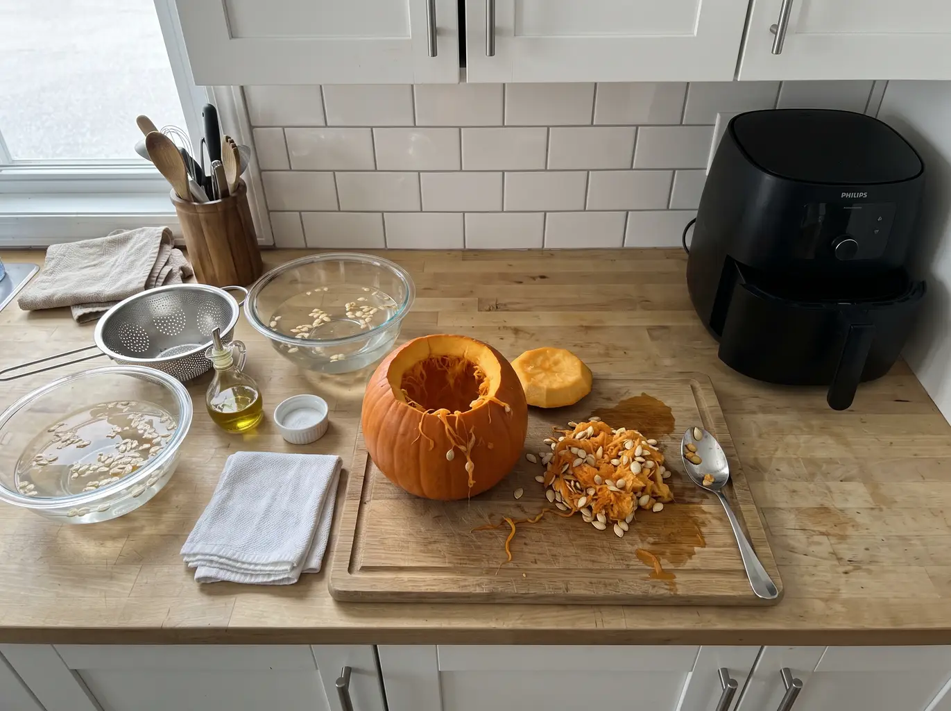 Fresh pumpkin seeds, oil and salt ready for the air fryer