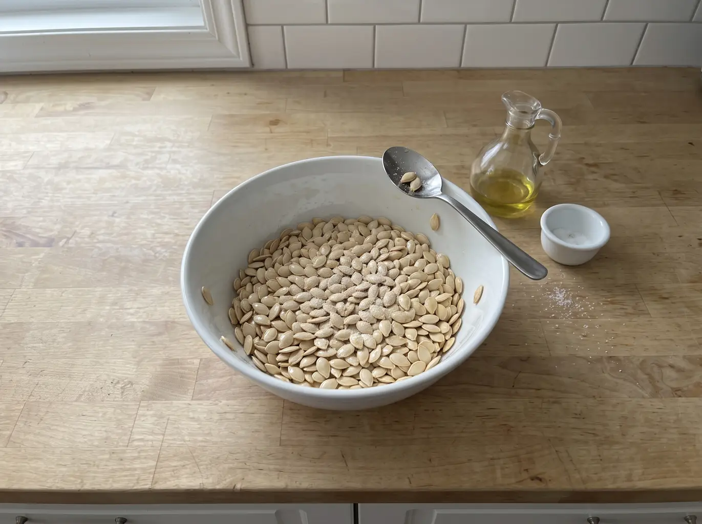 Tossing dried pumpkin seeds with oil and salt