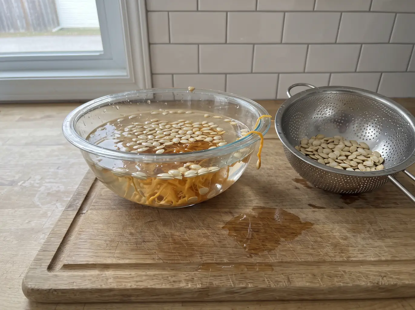 Rinsing pumpkin seeds free of pulp in a bowl of water