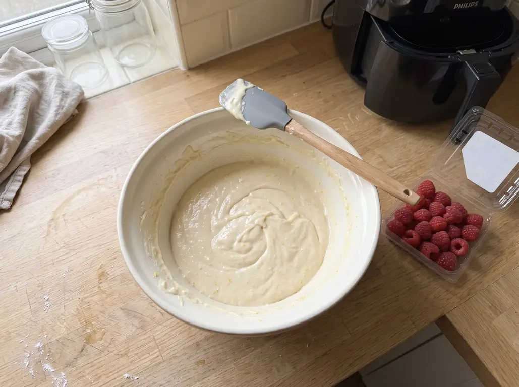 Rested raspberry muffin batter thick enough to hold a spoon line, before the berries are layered in