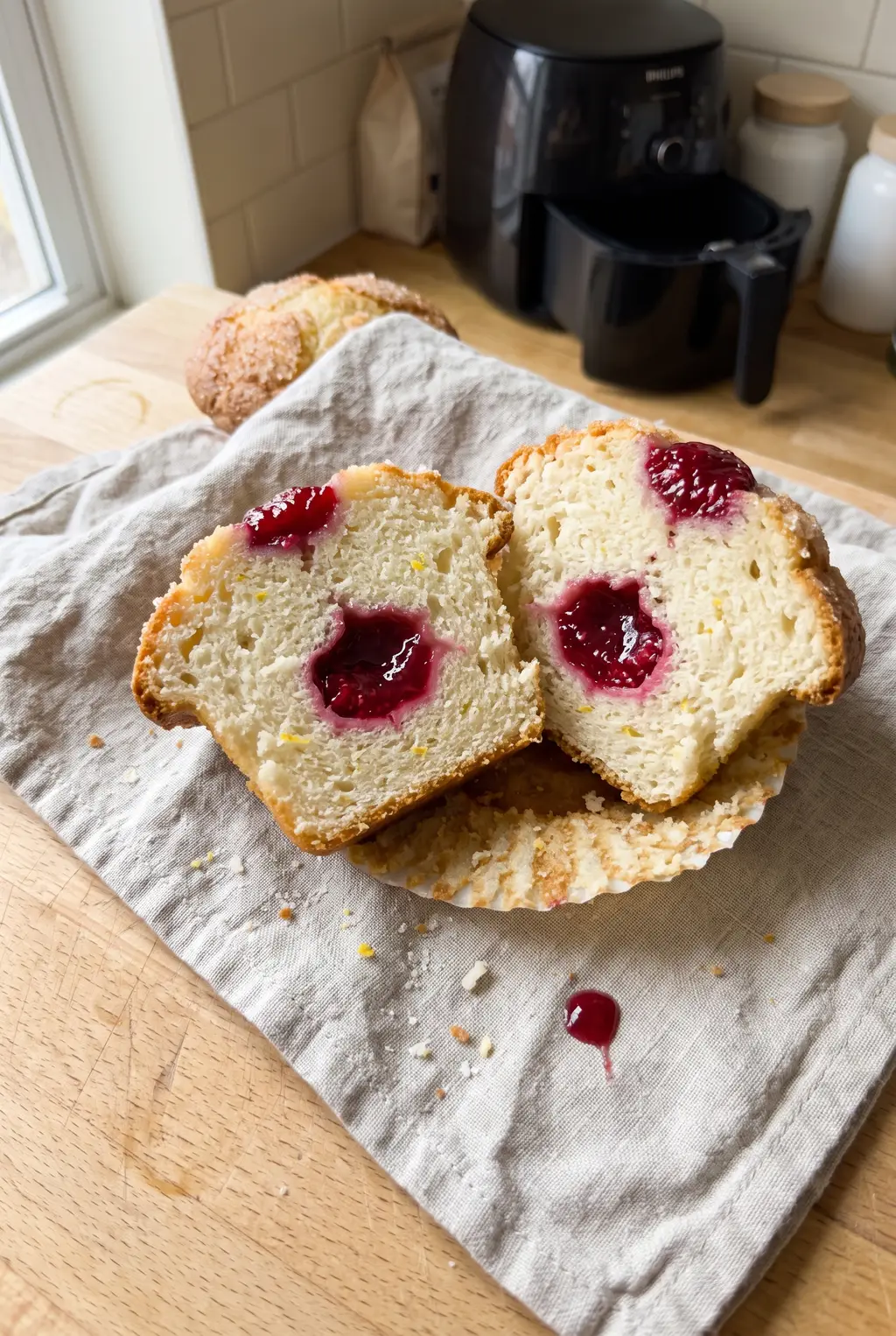 A raspberry muffin split open to show intact jammy berry pockets in a clean pale crumb