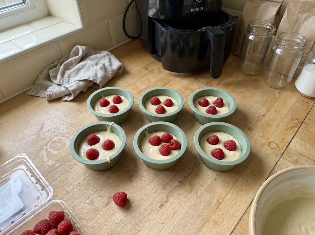 Whole raspberries layered between spoonfuls of muffin batter in a silicone cup instead of being folded in