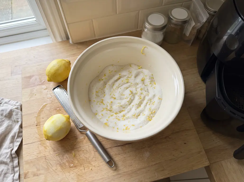 Lemon zest rubbed into granulated sugar until damp and fragrant for raspberry muffins