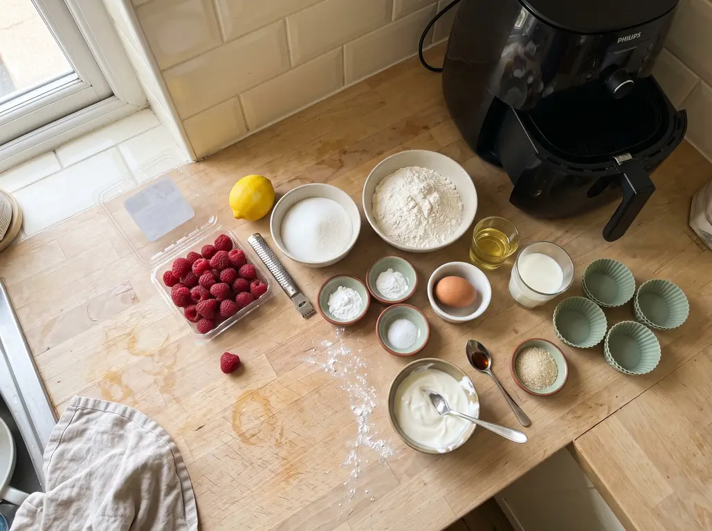 Ingredients for air fryer raspberry muffins: fresh raspberries, lemon, flour, sour cream, egg, sugar and oil