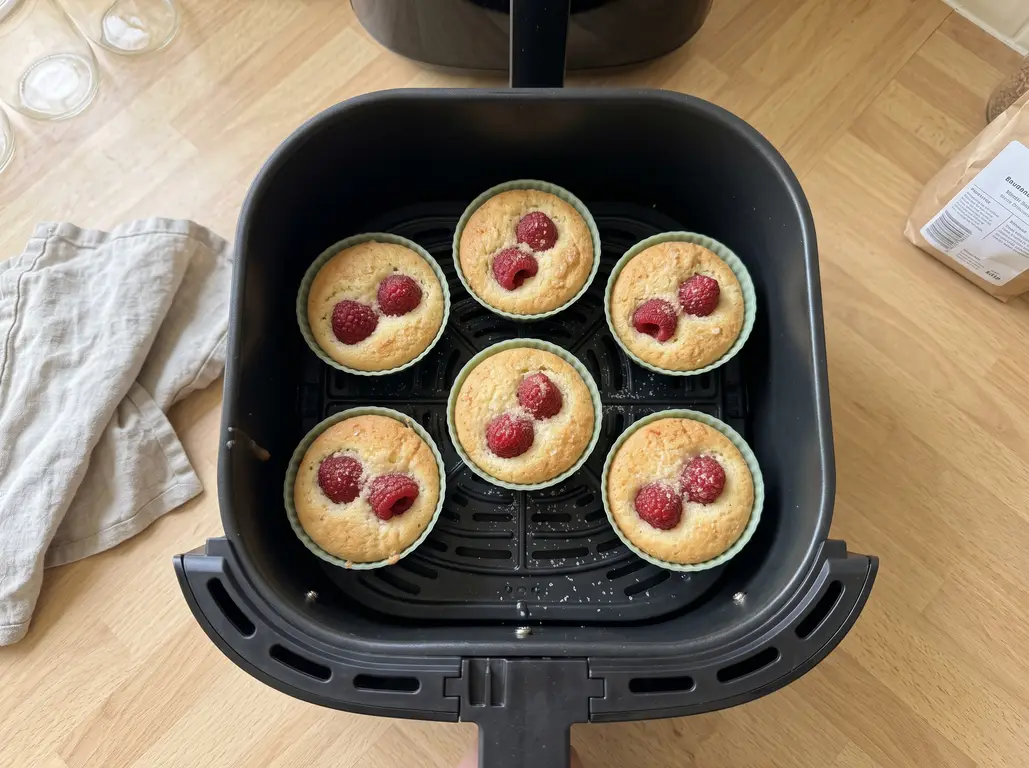 Air fryer raspberry muffins fresh from the basket with domed sugared tops and whole berries showing