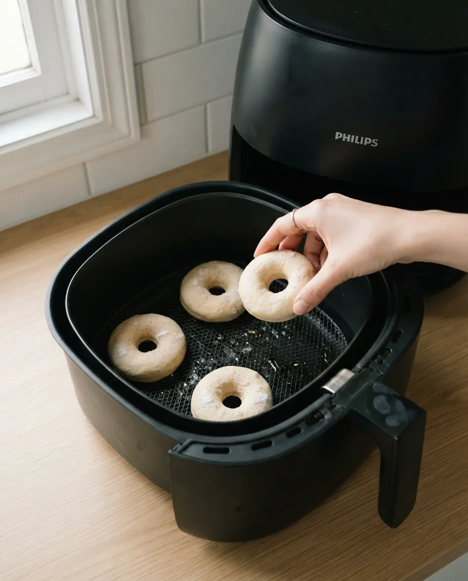 Placing raw apple cider donut rings on the lightly greased air fryer basket