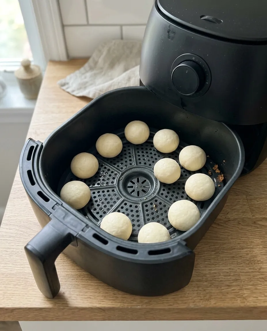Twelve raw donut hole dough balls spaced apart in an air fryer basket
