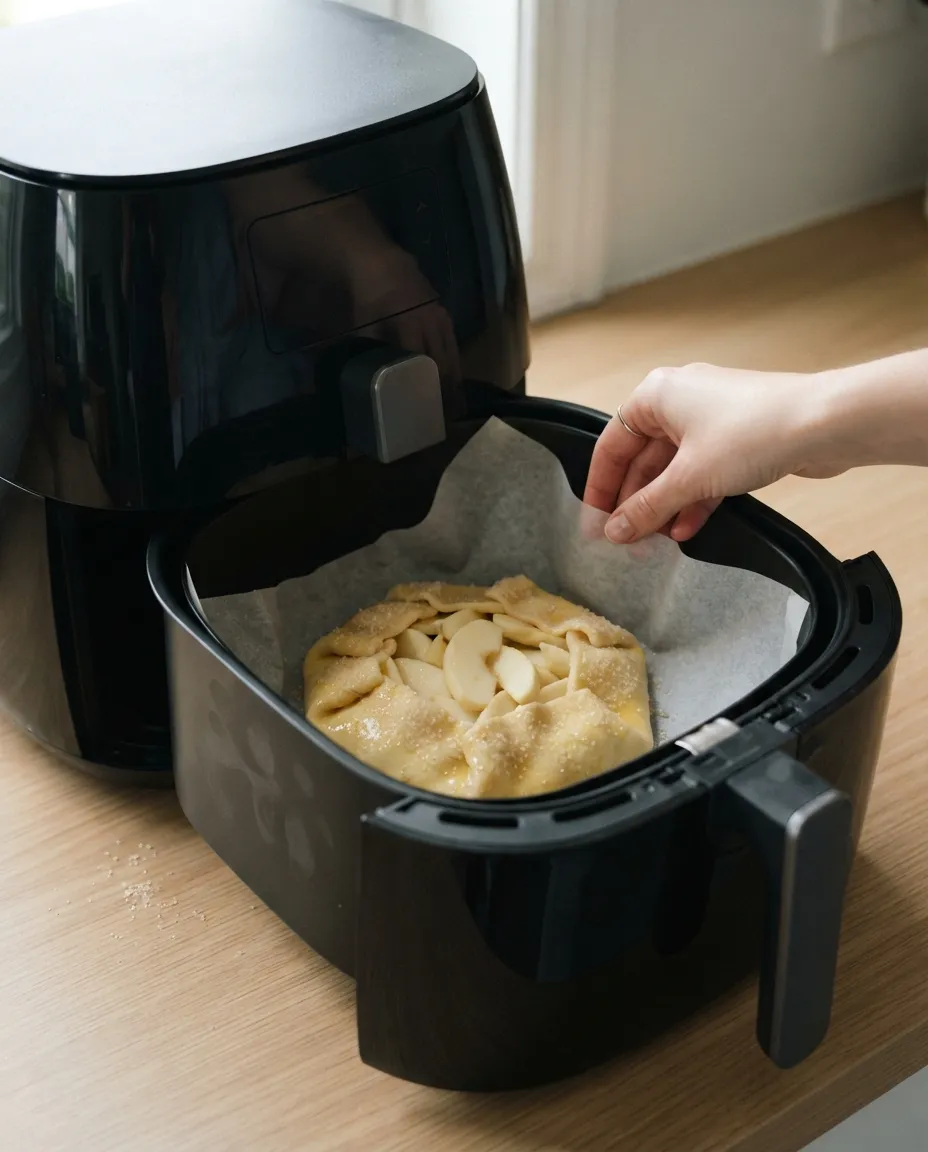 A hand lowering an unbaked apple galette on parchment into an air fryer basket