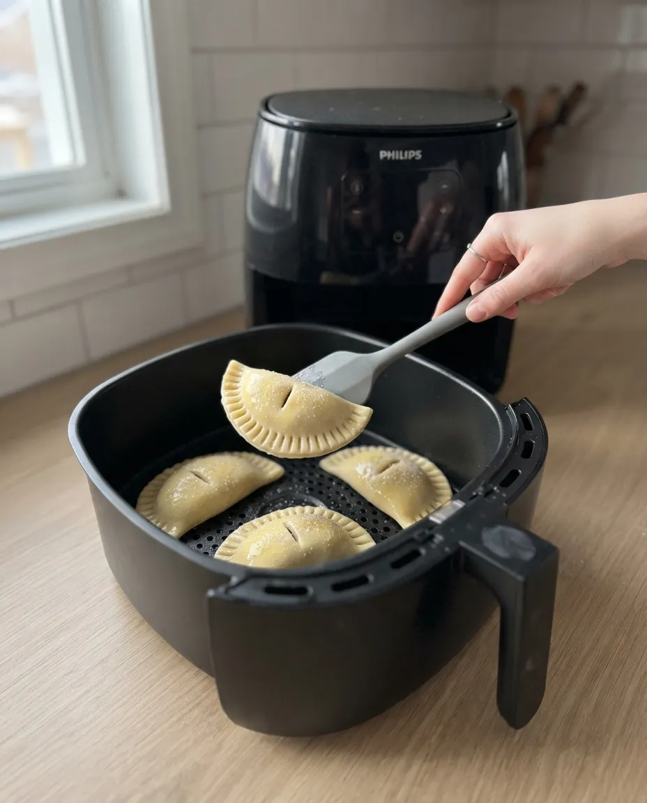 Lowering egg-washed, vented cherry hand pies into the air fryer basket with a spatula