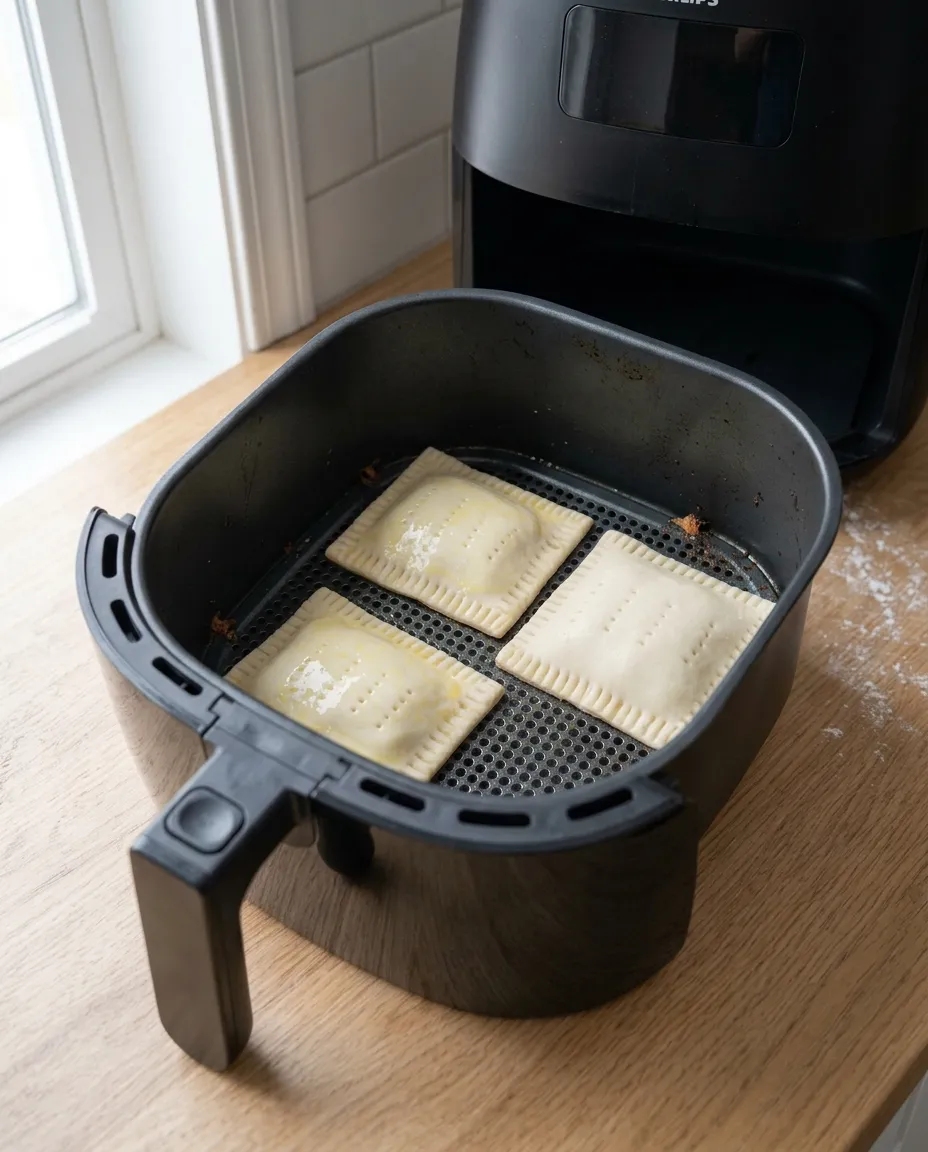Three raw egg-washed pop tarts spaced apart on the bare perforated floor of an air fryer basket