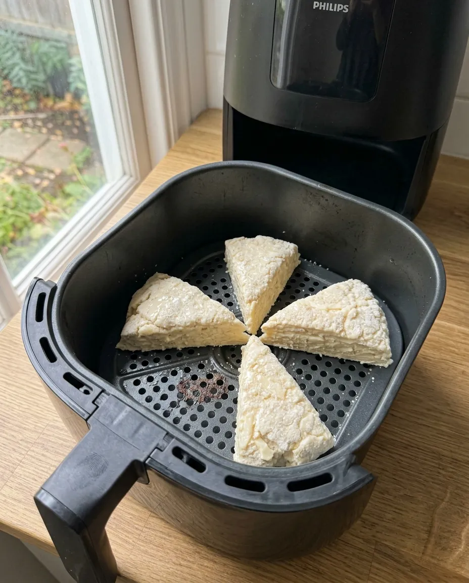 Four raw frozen scone wedges arranged points-in on a bare air fryer basket