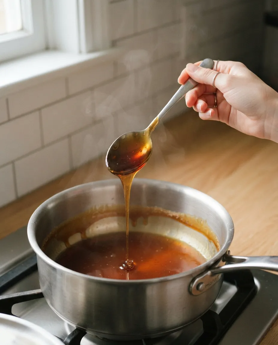 Apple cider reduced to a dark, spoon-coating syrup in a saucepan