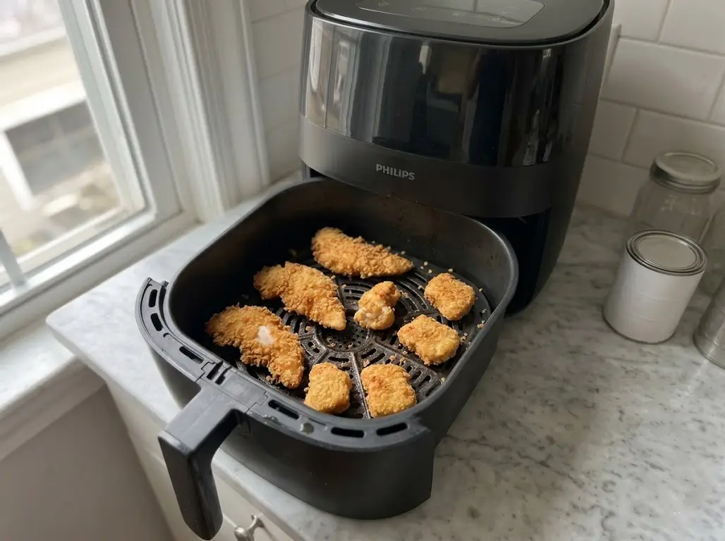 Breaded chicken tenders and nuggets in a single layer in an air fryer basket