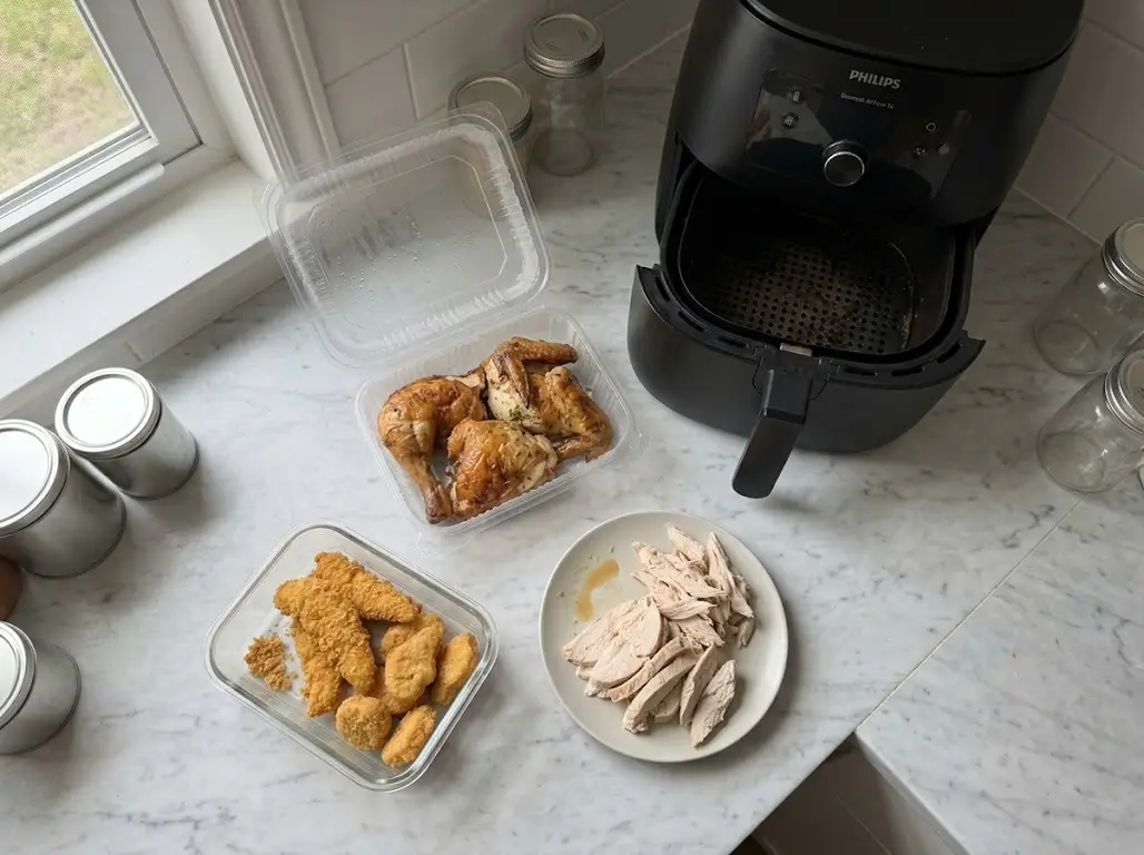 Leftover chicken in three forms on a counter beside an air fryer: breaded tenders and nuggets, skin-on rotisserie pieces, and sliced plain breast