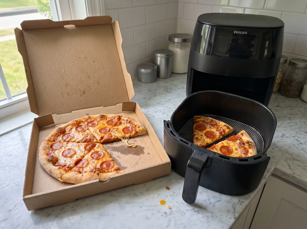 A slice of delivery pizza reheated crisp in an air fryer
