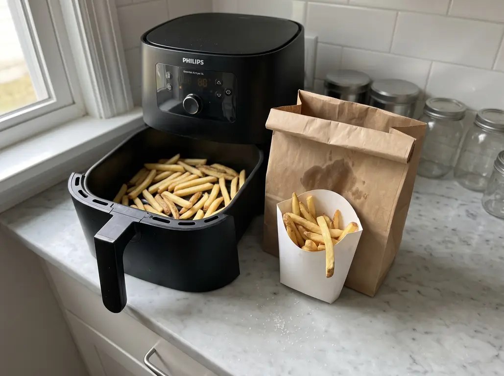 A Philips air fryer basket of fries beside a brown takeout bag and a white fry carton on a marble counter