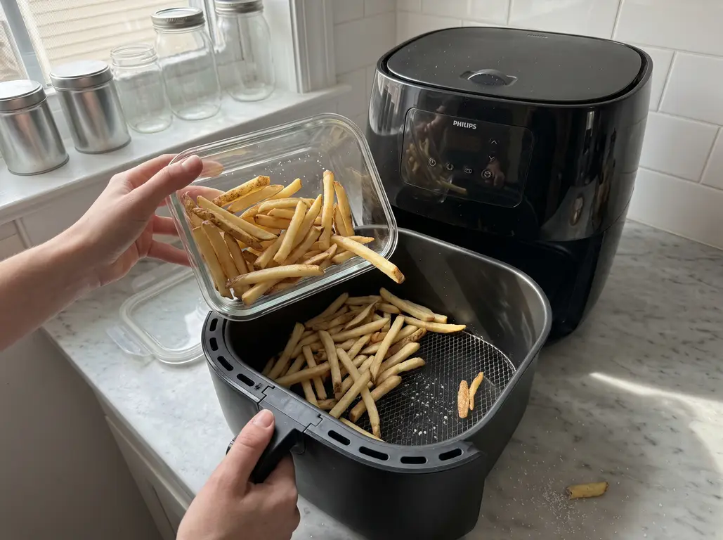 Leftover french fries re-crisping in an air fryer basket