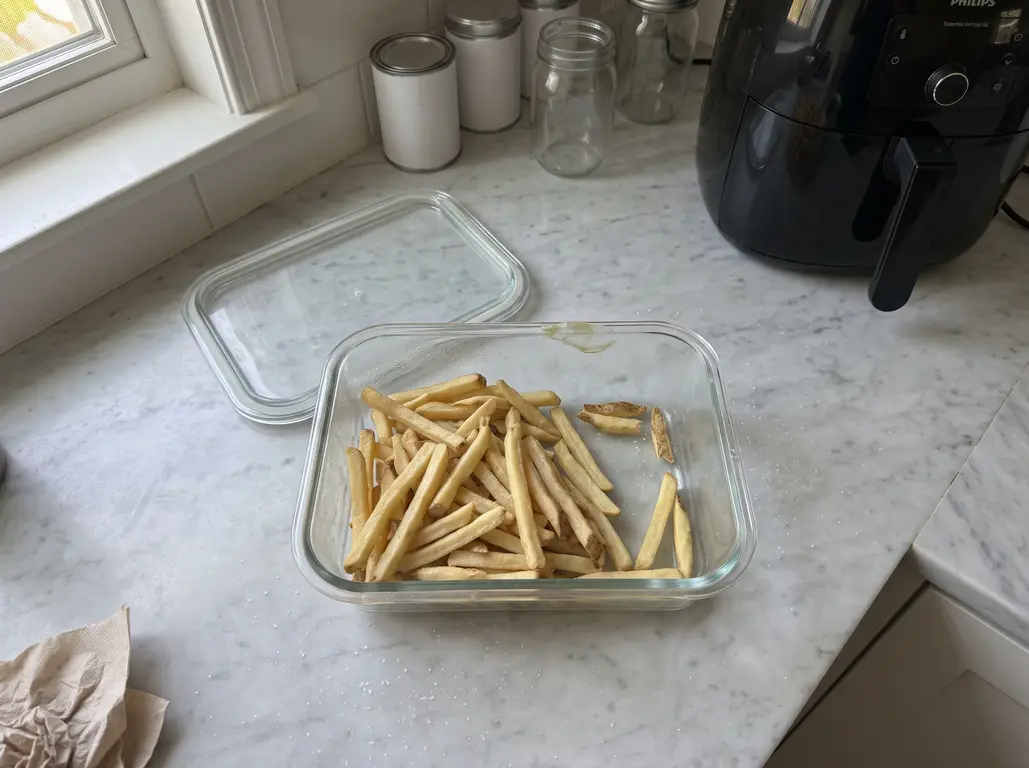 Pale, limp leftover french fries in a glass storage container on a marble counter, lid off, an air fryer nearby