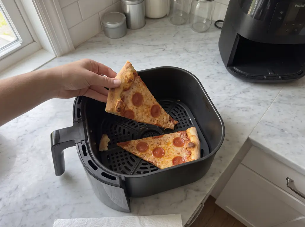Leftover pizza slices reheating crisp in an air fryer basket