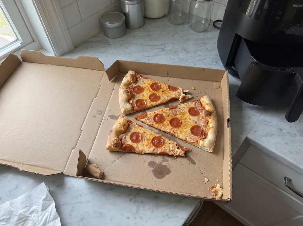 Three cold leftover pepperoni pizza slices in an open cardboard box next to an air fryer