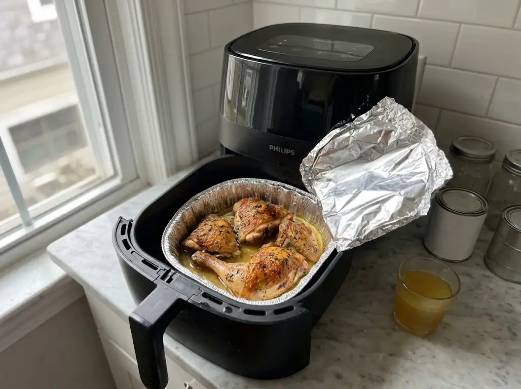 Rotisserie chicken pieces skin side up in a foil pan with broth in an air fryer basket, the foil cover folded back