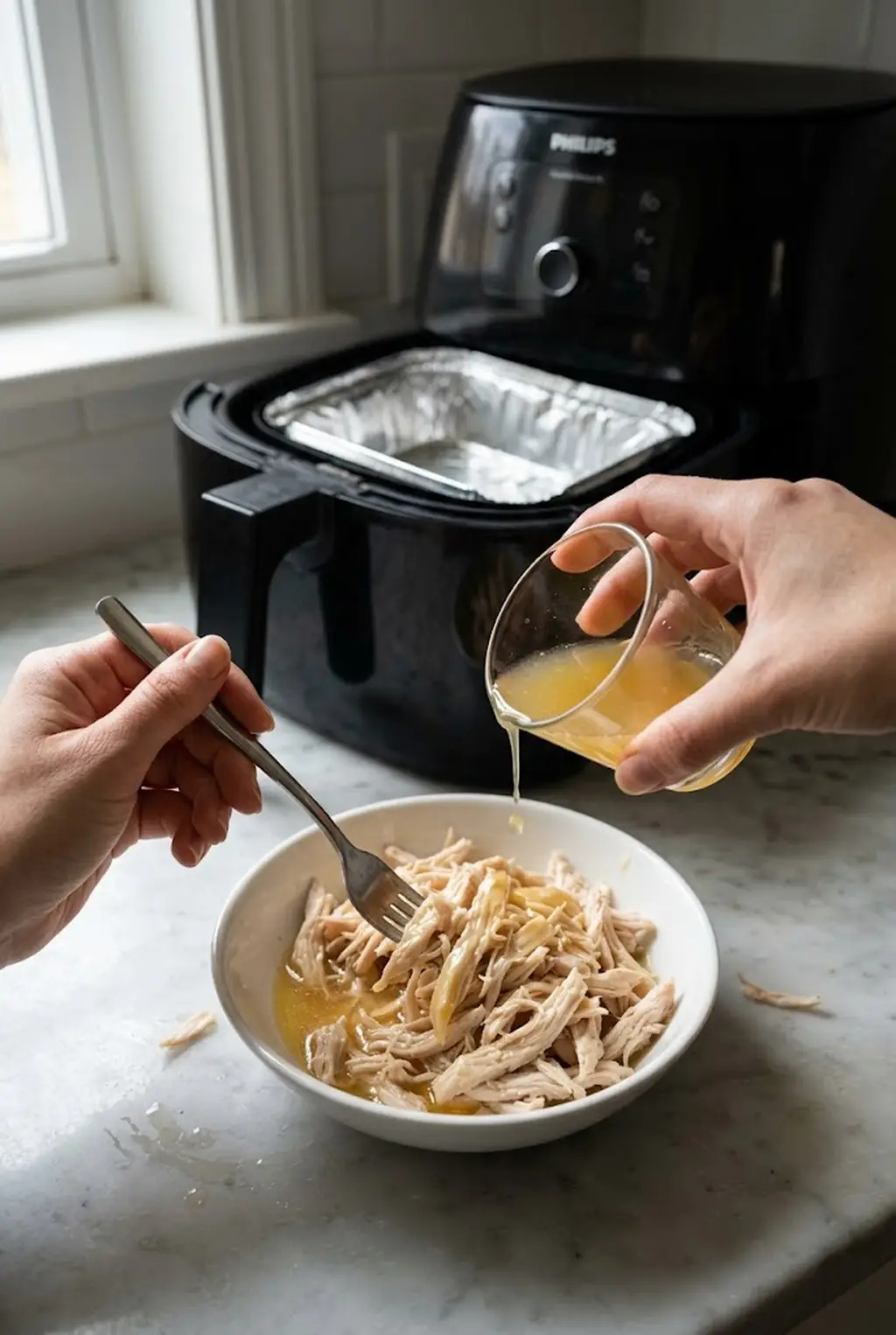 Broth being poured over shredded chicken in a white bowl while a fork tosses it, a foil pan waiting in the air fryer