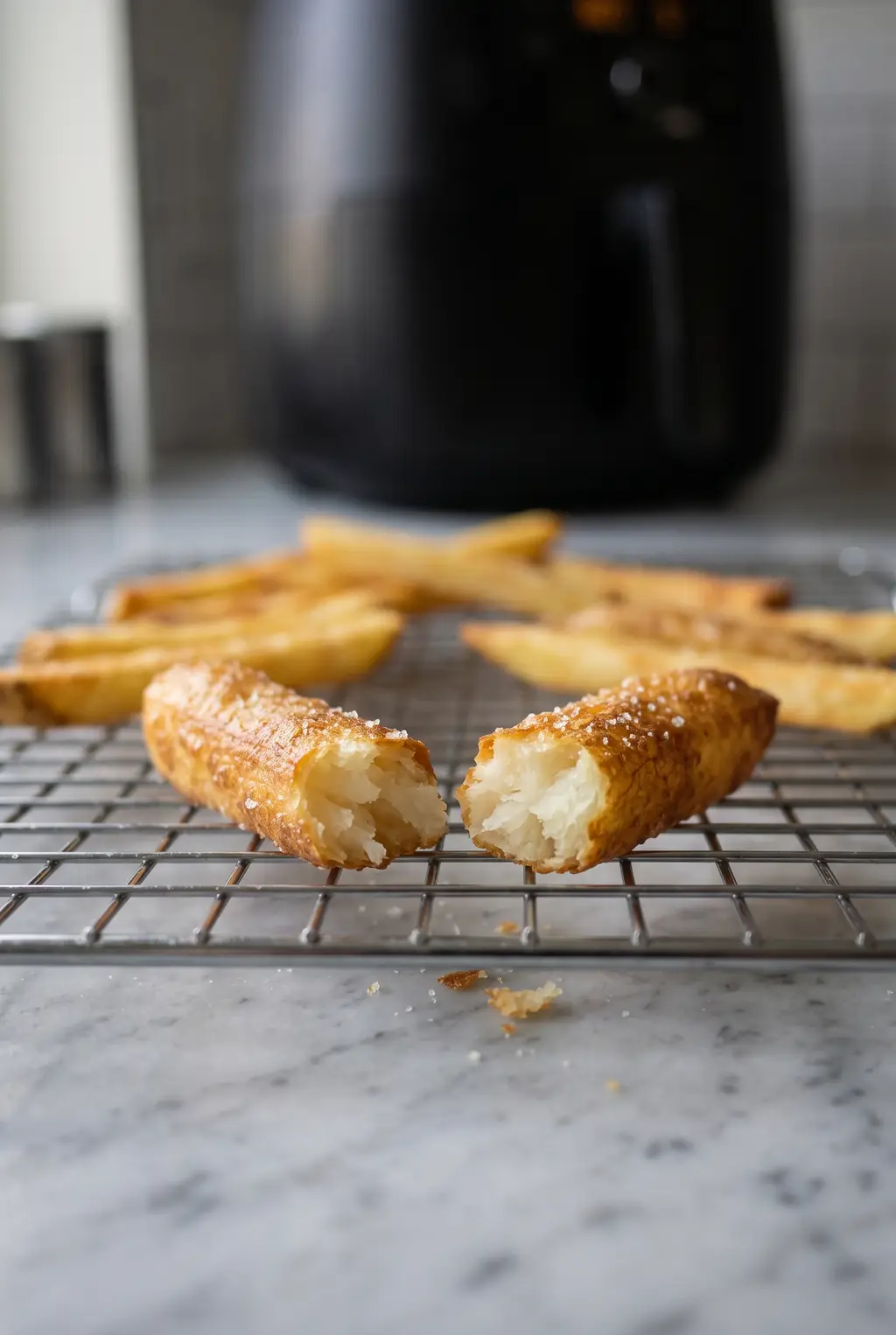 Two thick-cut reheated fries broken open on a wire rack showing a crisp salted crust and a fluffy white interior, an air fryer behind