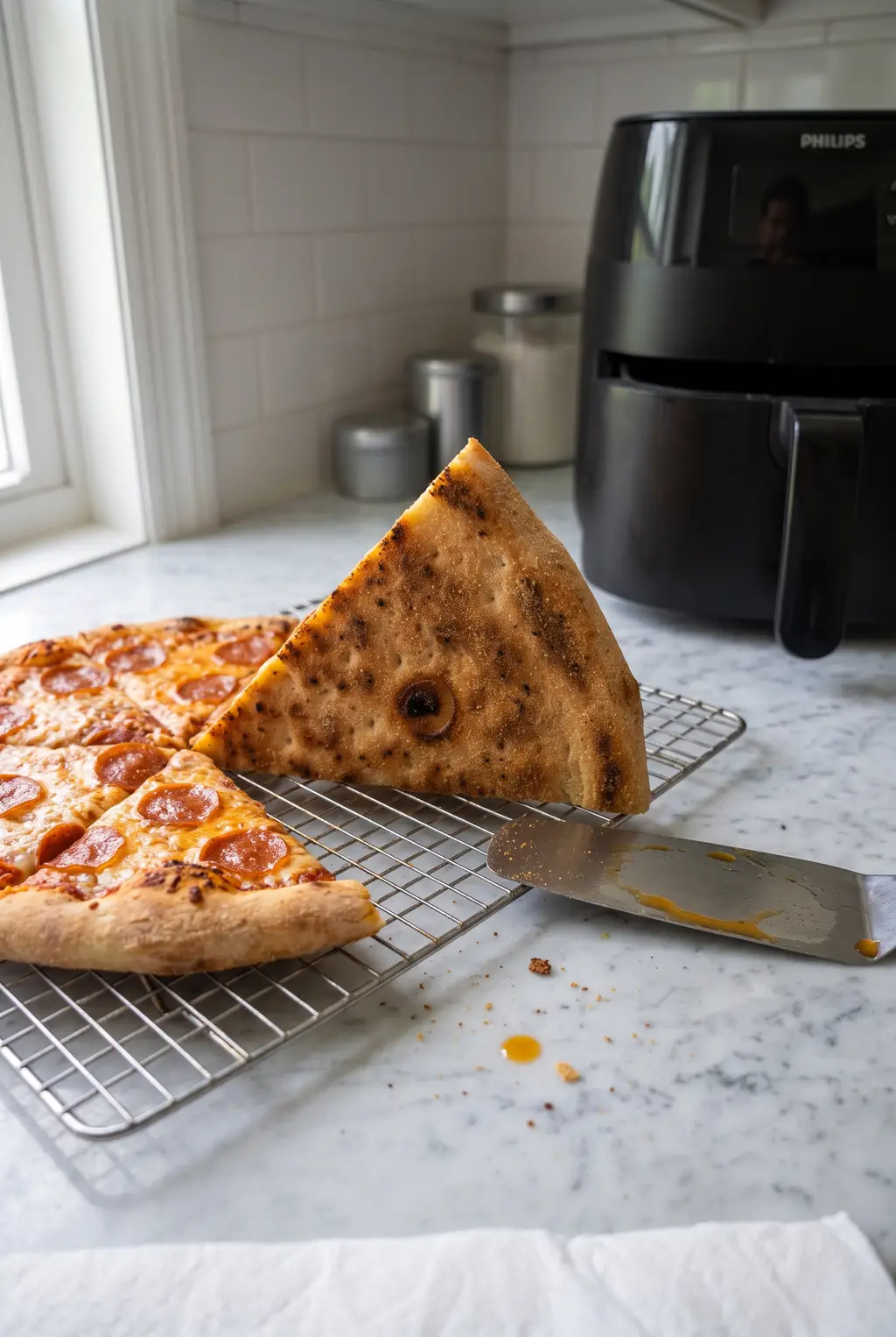 A reheated pizza slice turned over on a wire rack to show its browned, crisp underside