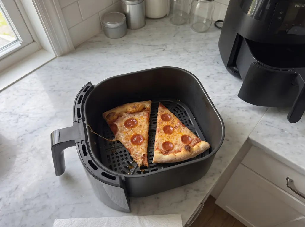 Two reheated hand-tossed pepperoni slices side by side in an air fryer basket