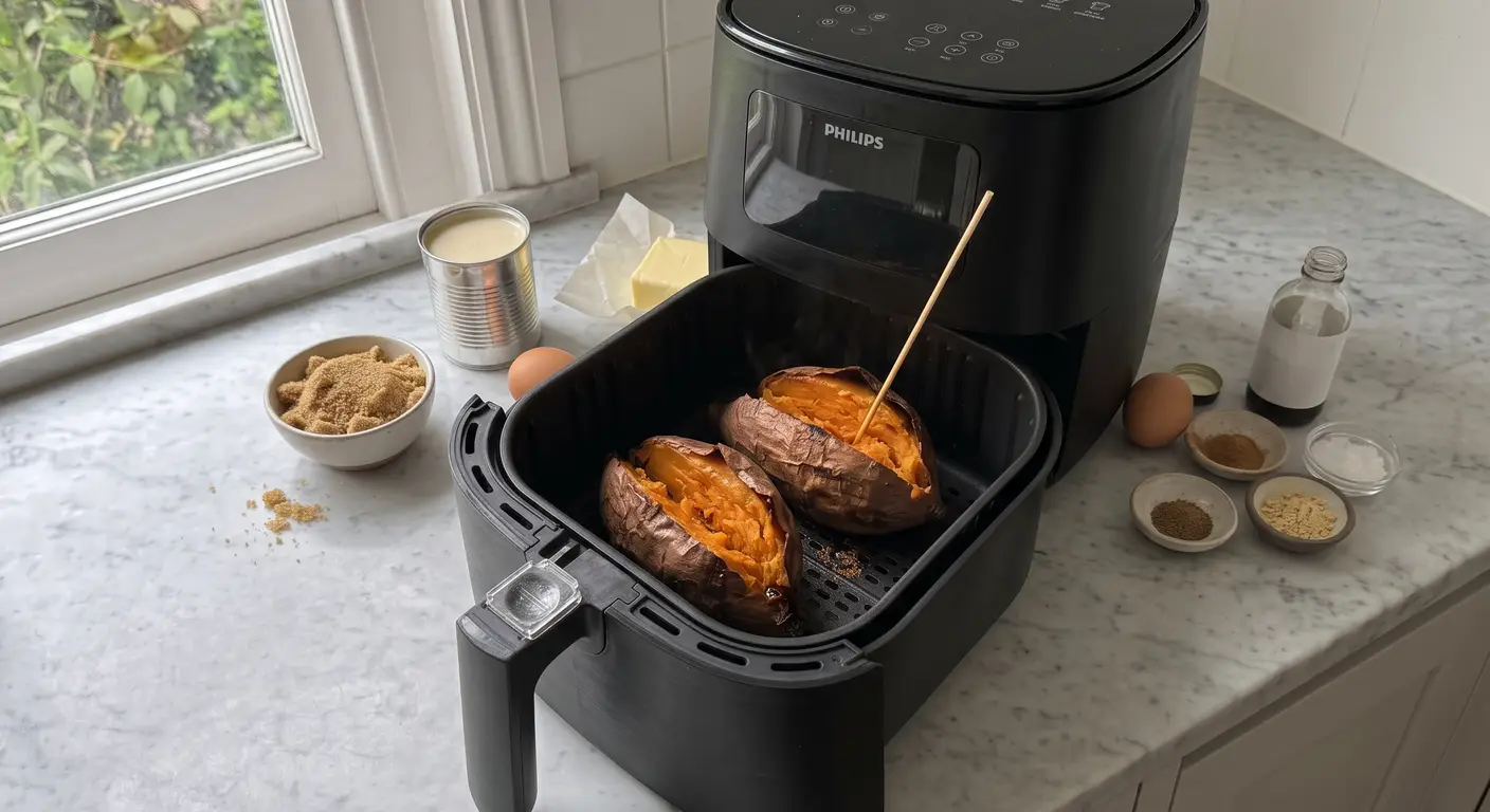 Two roasted sweet potatoes split open in an air fryer basket with a skewer in one