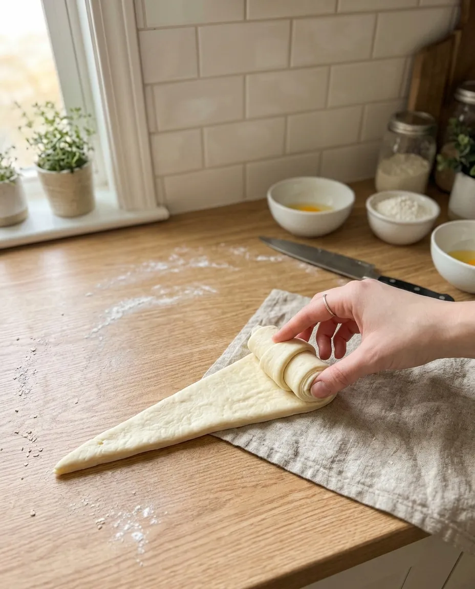 A hand rolling a notched dough triangle from its wide end toward the point on a linen cloth, the spiral already two turns deep