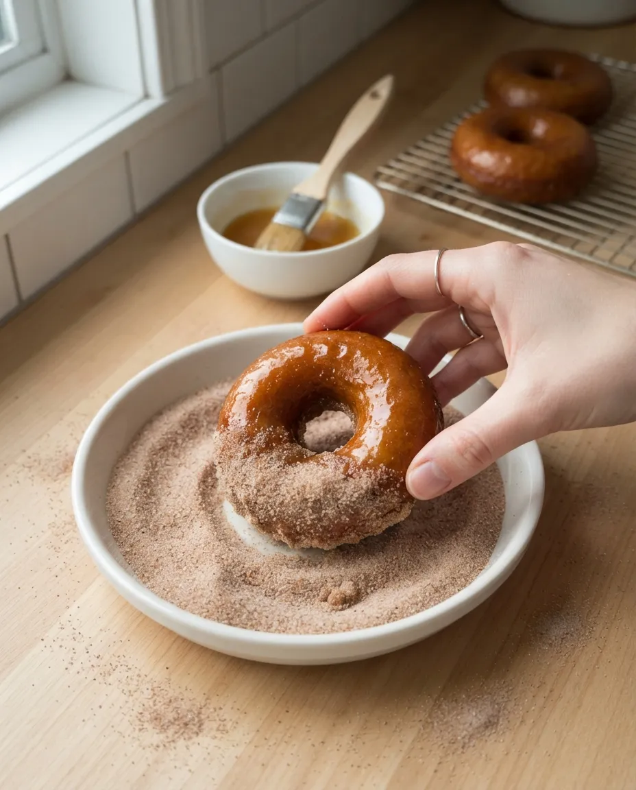 Rolling a cider-butter-brushed donut in cinnamon sugar, with brushed donuts waiting on a rack