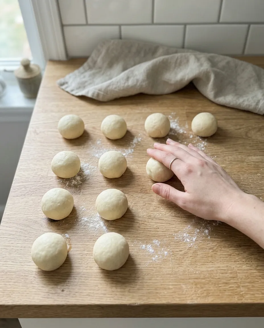 Rolling yeast dough into even, seamless donut hole balls under a cupped palm on a wooden counter