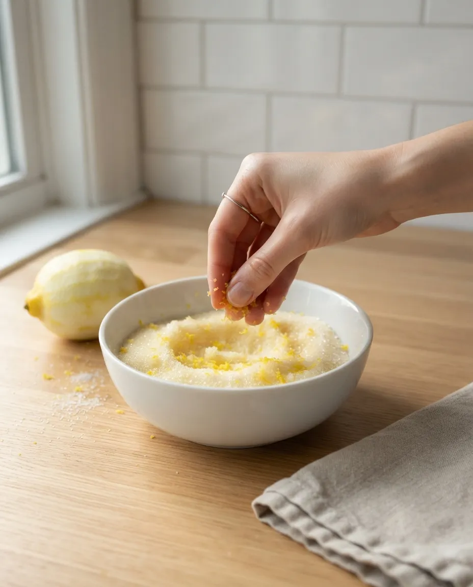 Rubbing fresh lemon zest into granulated sugar with fingertips in a white bowl, a zested lemon beside it
