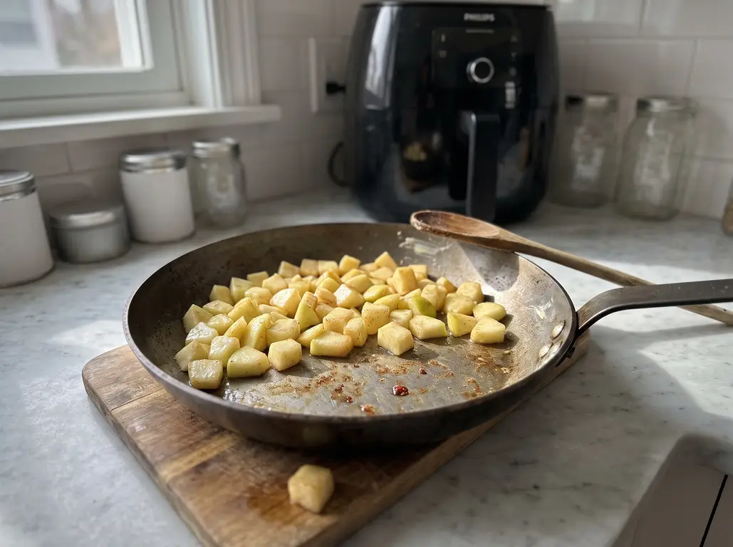 Diced apples sauteing in a skillet with a wooden spoon until softened and the pan runs nearly dry, an air fryer in the background