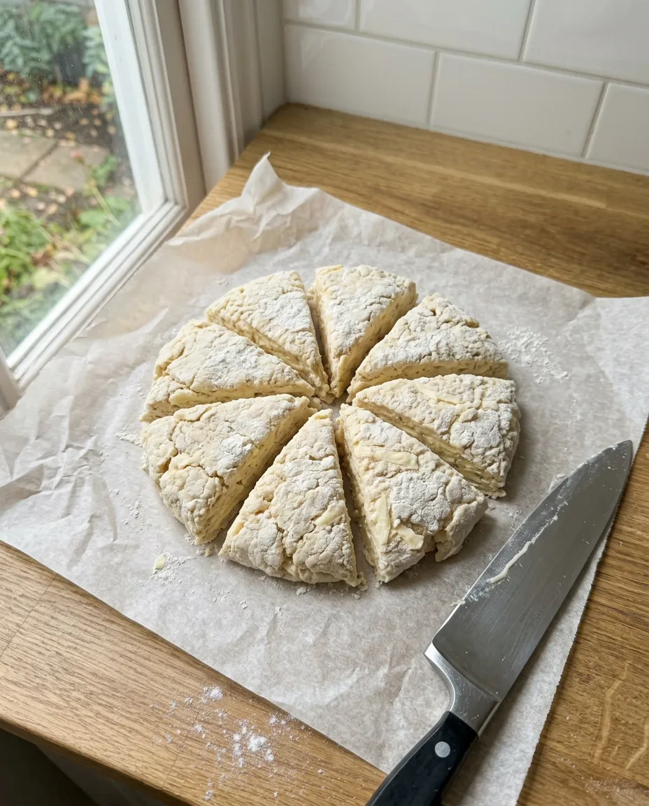 Scone dough patted into a 7 inch disc and cut into 8 wedges on parchment beside a chef knife