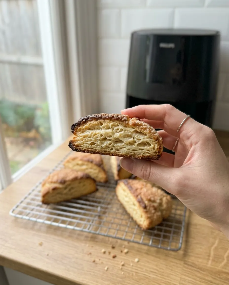 A warm air fryer scone split open to show a layered, tender crumb, with more scones cooling on a rack