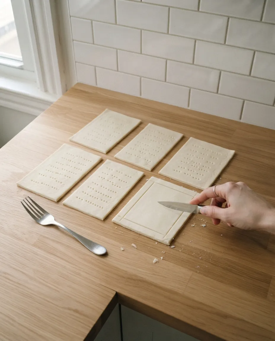 Scoring a border into a puff pastry rectangle with a paring knife, the other rectangles pricked with a fork