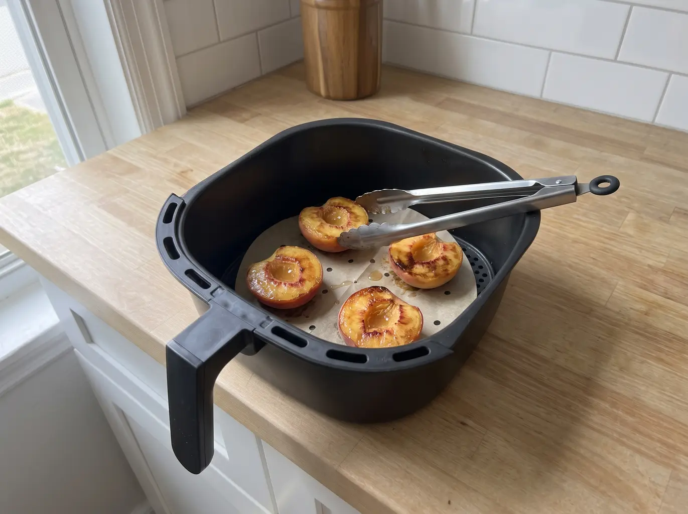 Peach halves flipped cut side up in the basket, faces seared and bronzed