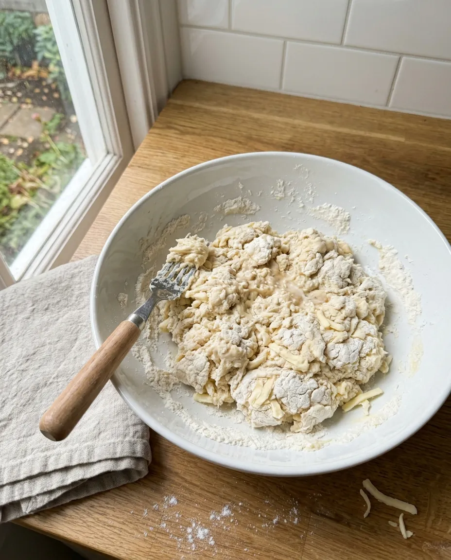 Shaggy scone dough with dry floury patches and visible butter shreds in a white bowl with a fork