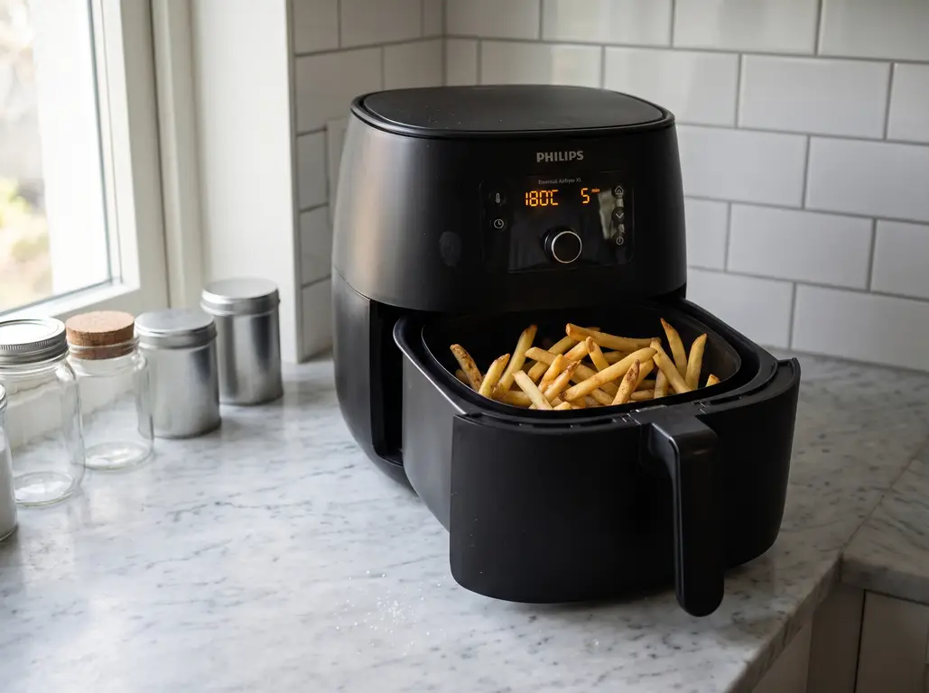The pulled-out drawer of a Philips air fryer full of fries mid-reheat, the display reading 180C