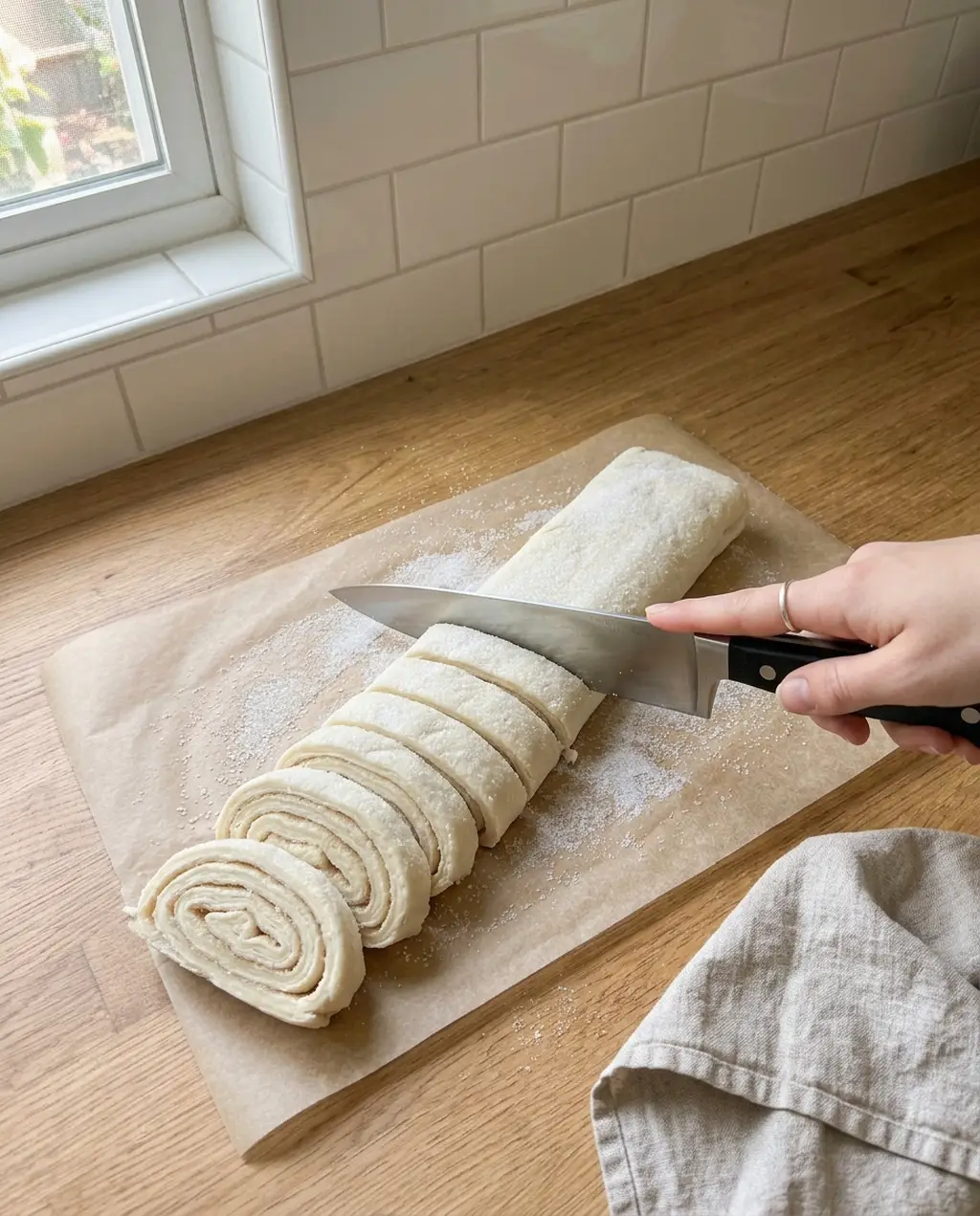 Slicing a sugared puff pastry log crosswise into thick rounds with a chef's knife