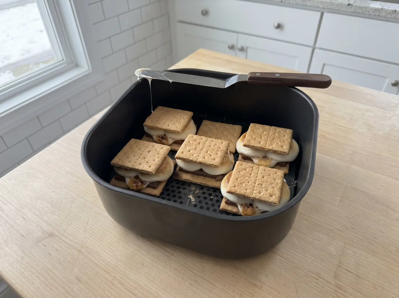 A second graham cracker pressed onto a toasted s'more with a spatula, marshmallow squishing to the edges