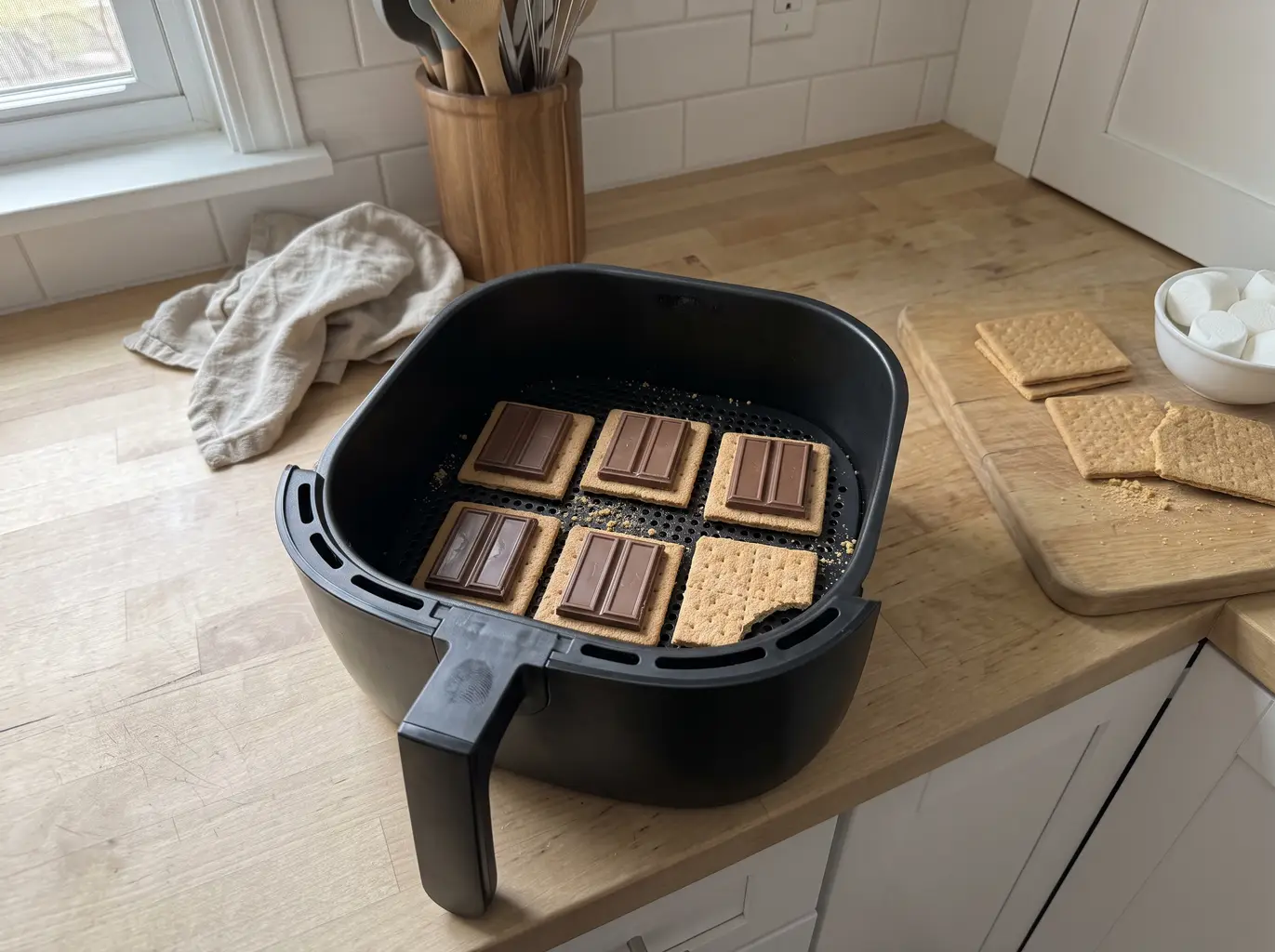 Chocolate squares laid on graham crackers in the air fryer basket before the marshmallow goes on