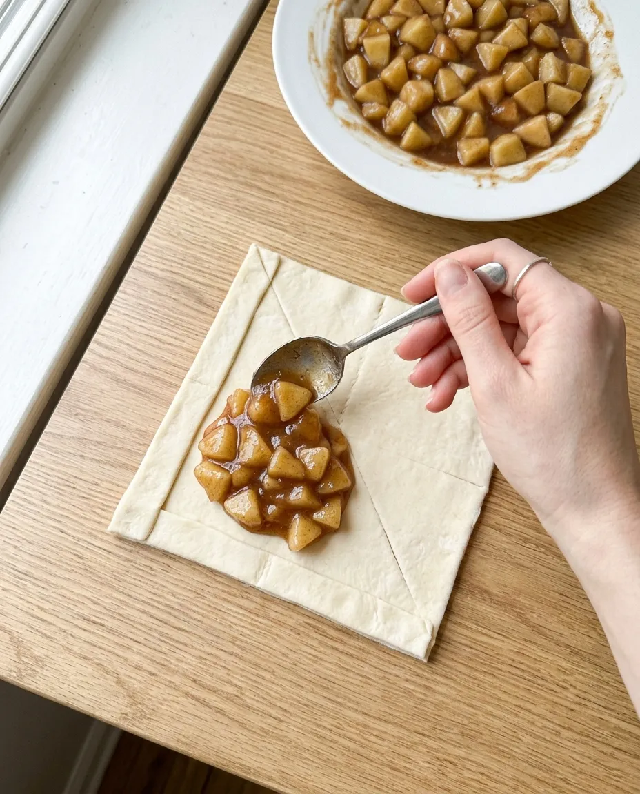 A spoon placing cooled apple filling onto one half of a puff pastry square set on the diagonal, leaving a clean border