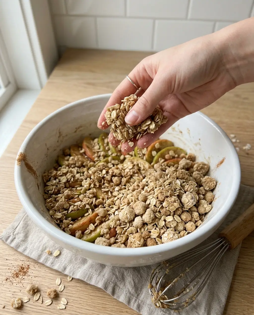 A hand squeezing buttery oat crisp topping into pebble-size clumps over a white bowl