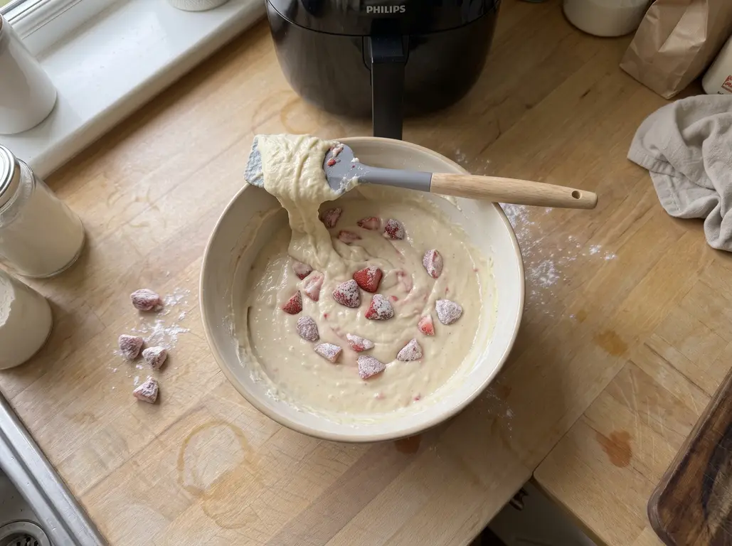 Flour-tossed strawberries folded into thick muffin batter with just a few wide strokes