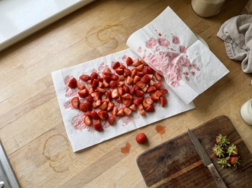 Diced strawberries spread on paper towels and blotted dry before going into muffin batter