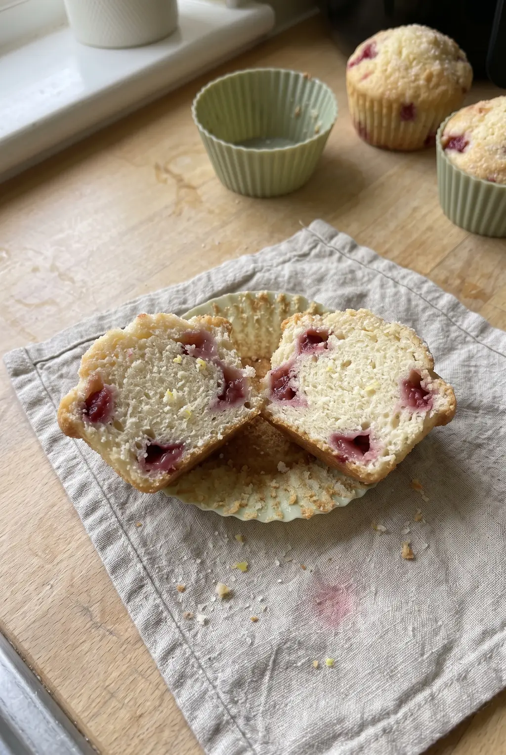 Close-up of a split air fryer strawberry muffin showing intact berry pockets in a tender crumb, no soggy cave